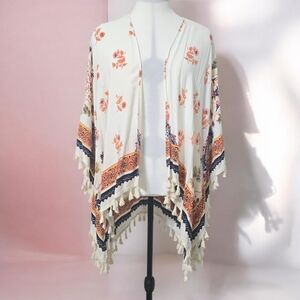 Altar'd State Boho Floral Kimono Cardigan Tassel Fringe Cream Orange Size S/M